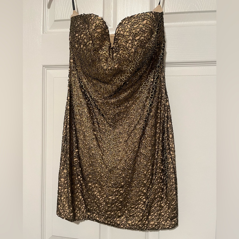 bebe Strapless Dress in Gold and Black Lace